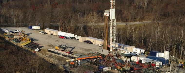 aerial view of a fracking well pad