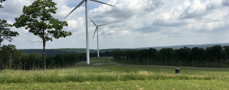 two wind turbines in an open field