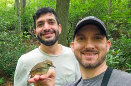 Nick G. Liadis and David Yeany II holding a Swainson's warbler