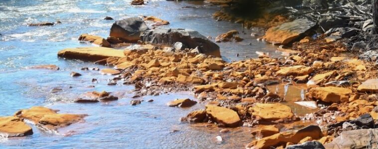 a stream bank with orange rocks