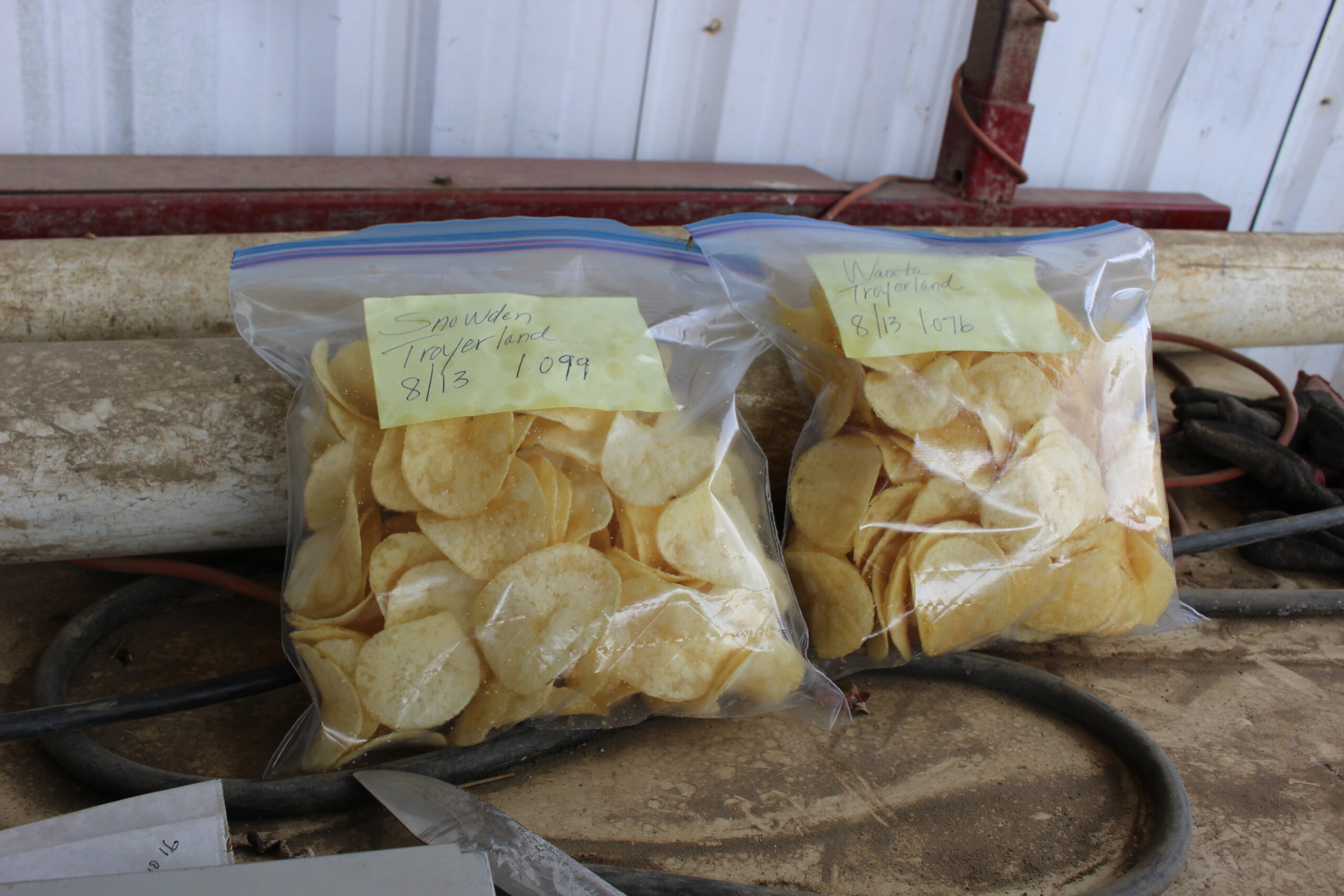 Bags of potato chips at Kevin Troyer's farm