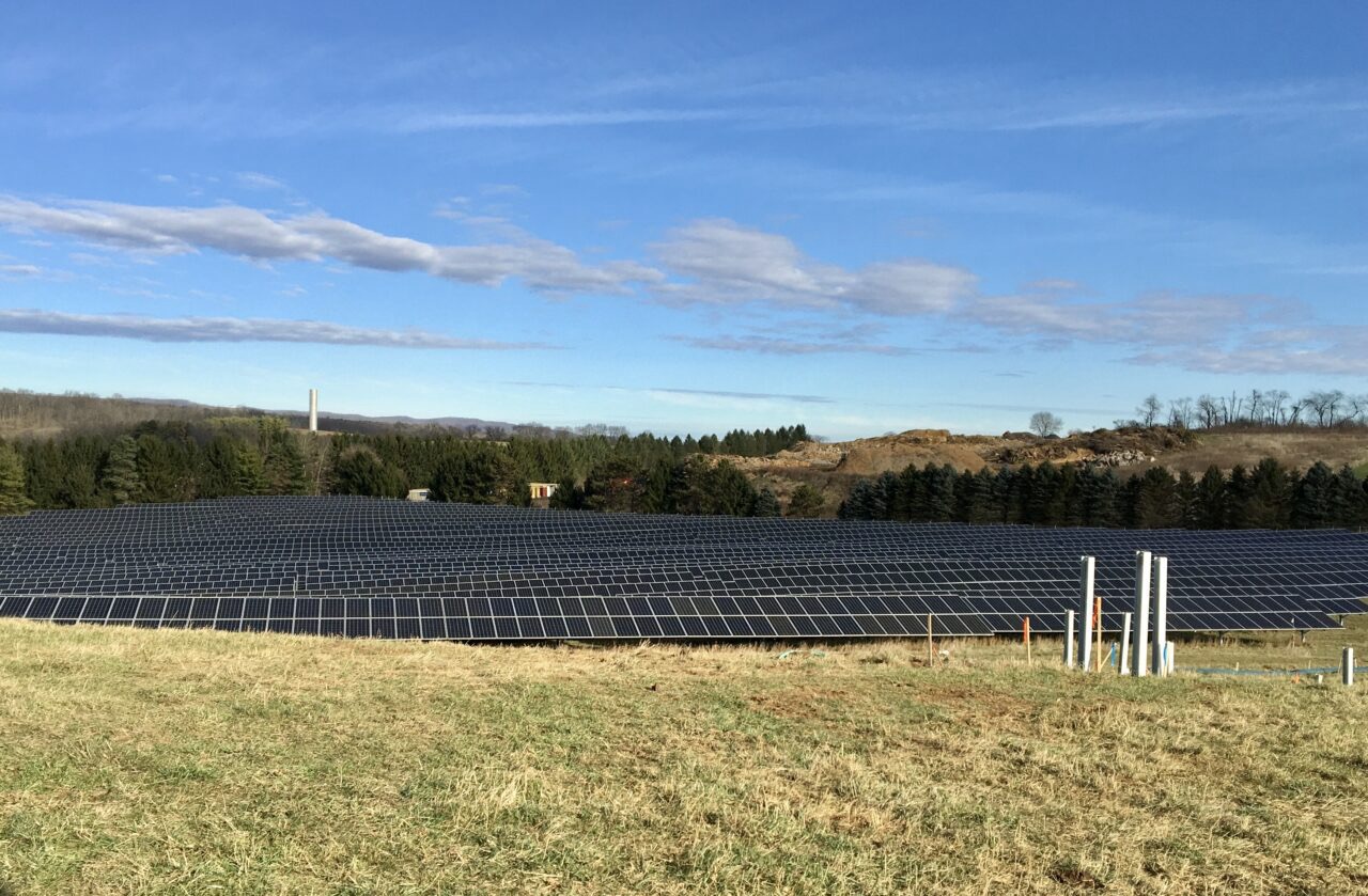 A large field, covered in solar panels, and a large blue sky