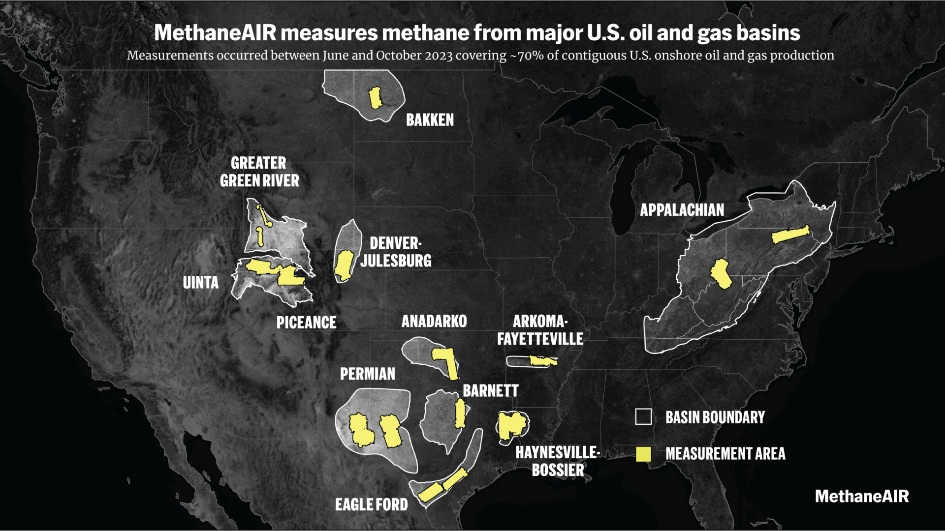 A mãp of the US in black with light gray outlines across the country with yellow sections.