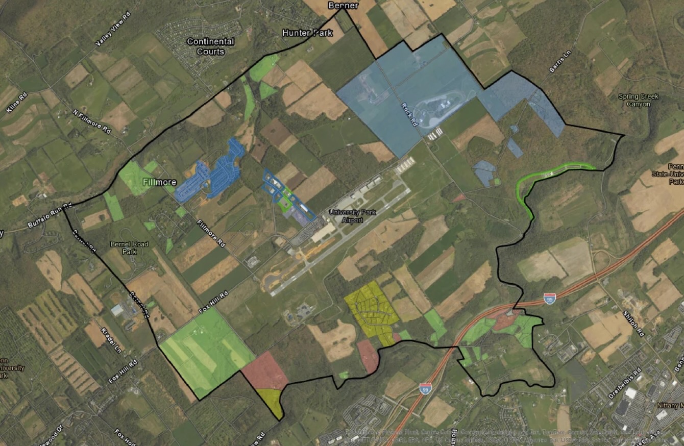 An aerial map of the airport with a black outline showing PFAS investigation.