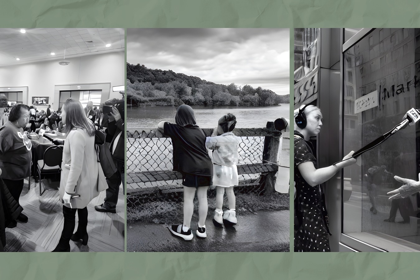 Black and white photos of two girls looking at a river, and people interviewing people